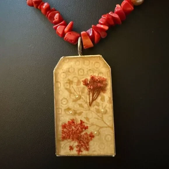 Red Coral & Pearl Pendant Necklace with Silver Tone Toggle Clasp.